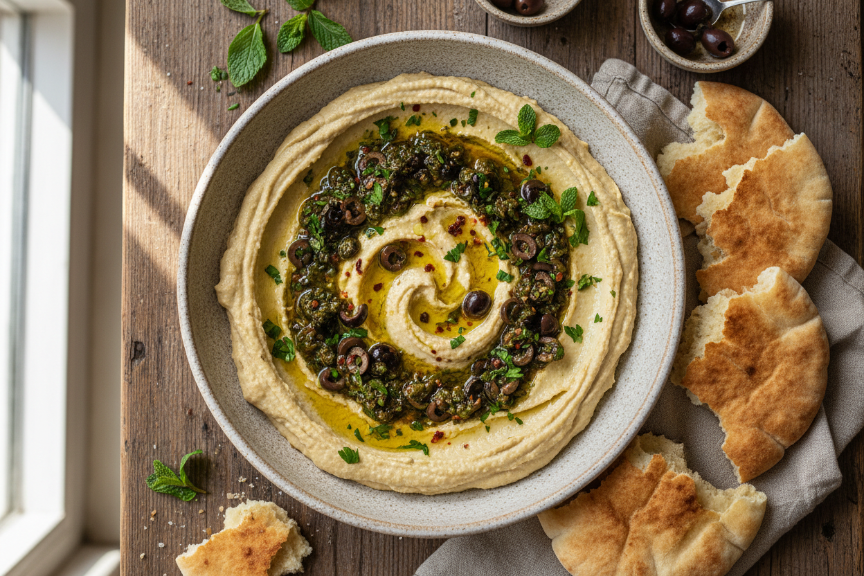 Hummus Casero con Salsa de Aceitunas — Receta Fácil para 5 Personas